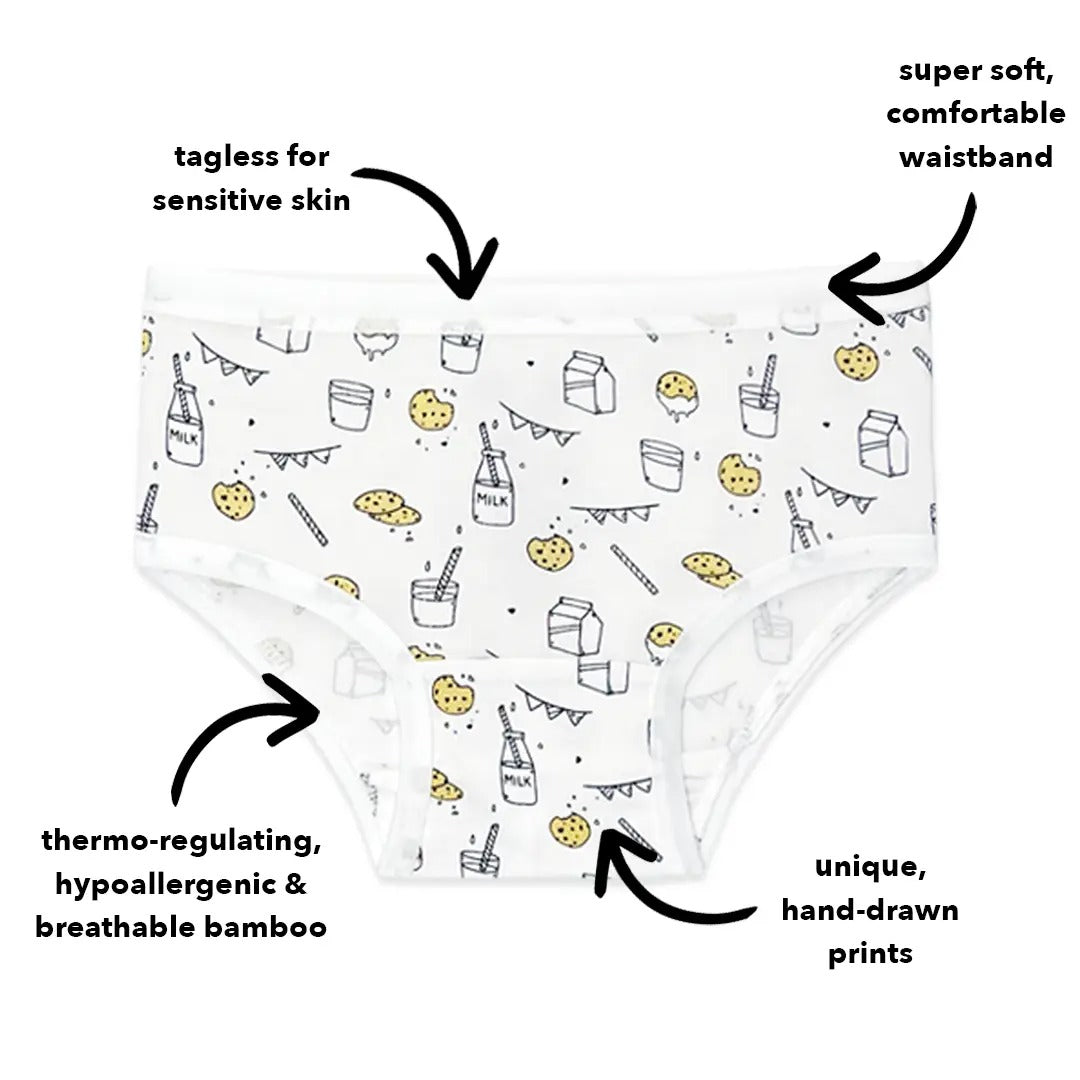 Bellabu Bear Girl's Bamboo Underwear 7-Pack in white with hand-drawn milk and cookie prints; tagless, soft waistband.