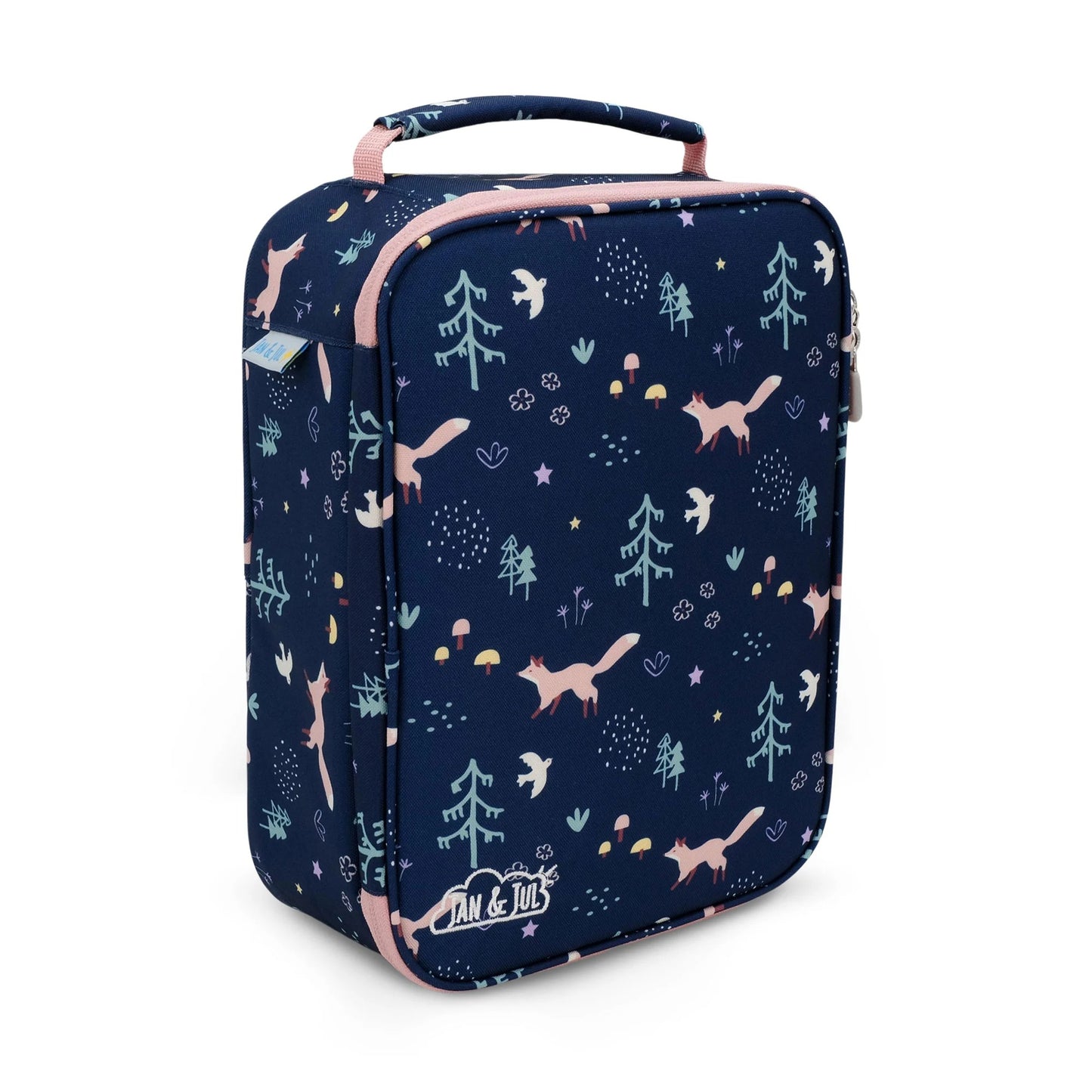 Jan & Jul kids lunch bag navy forest pattern with pink zipper
