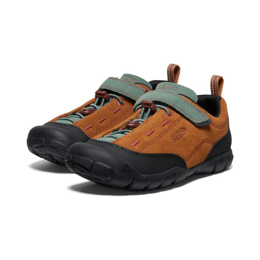 Keen Big Kids' Jasper II sneakers, maple brown suede with green straps, 2 shoes