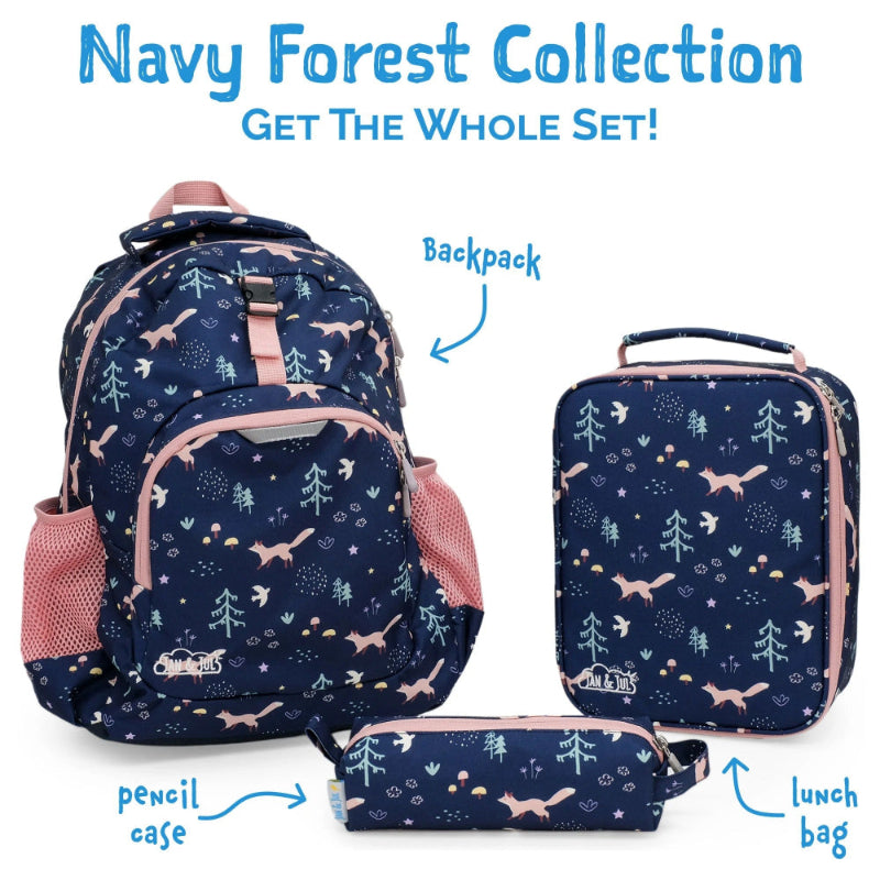 Jan & Jul navy forest 3-piece backpack lunch bag pencil case set
