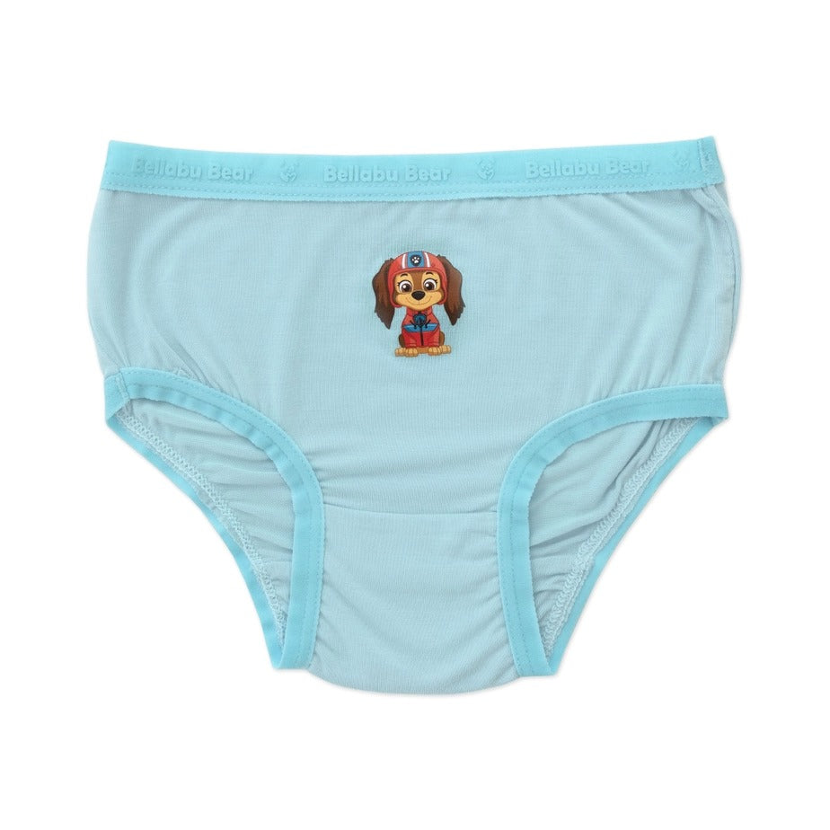 Bellabu Bear Girls' Bamboo Underwear 7-Pack in light blue with Paw Patrol character, branded elastic waistband visible.