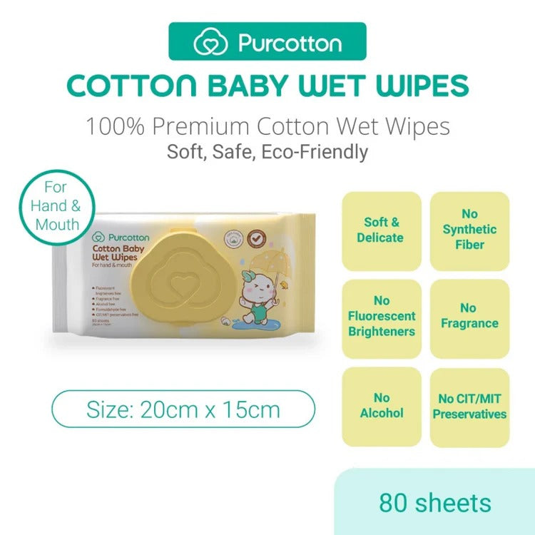 Purcotton Cotton Baby Wet Wipes 80 Sheets, soft premium cotton; for hand & mouth, size 20x15 cm