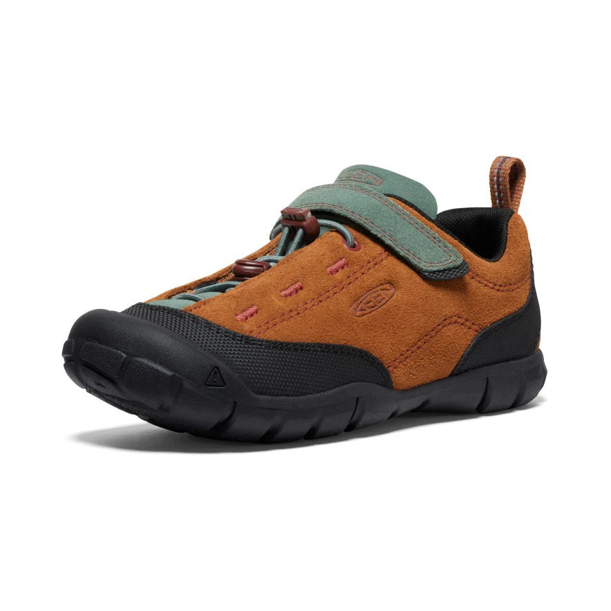 Keen big kids' Jasper II shoe maple dark forest orange suede and green strap