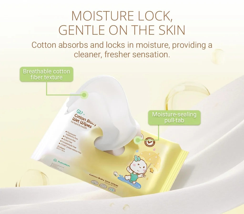 Purcotton Cotton Baby Wet Wipes 20 Sheets