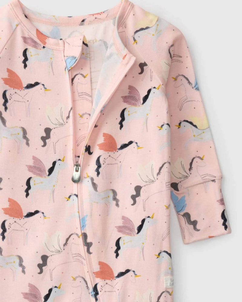 LOULOU LOLLIPOP Sleeper Unicorn Ballet in pink with pastel unicorns; zipper front partially unzipped, showing soft interior.