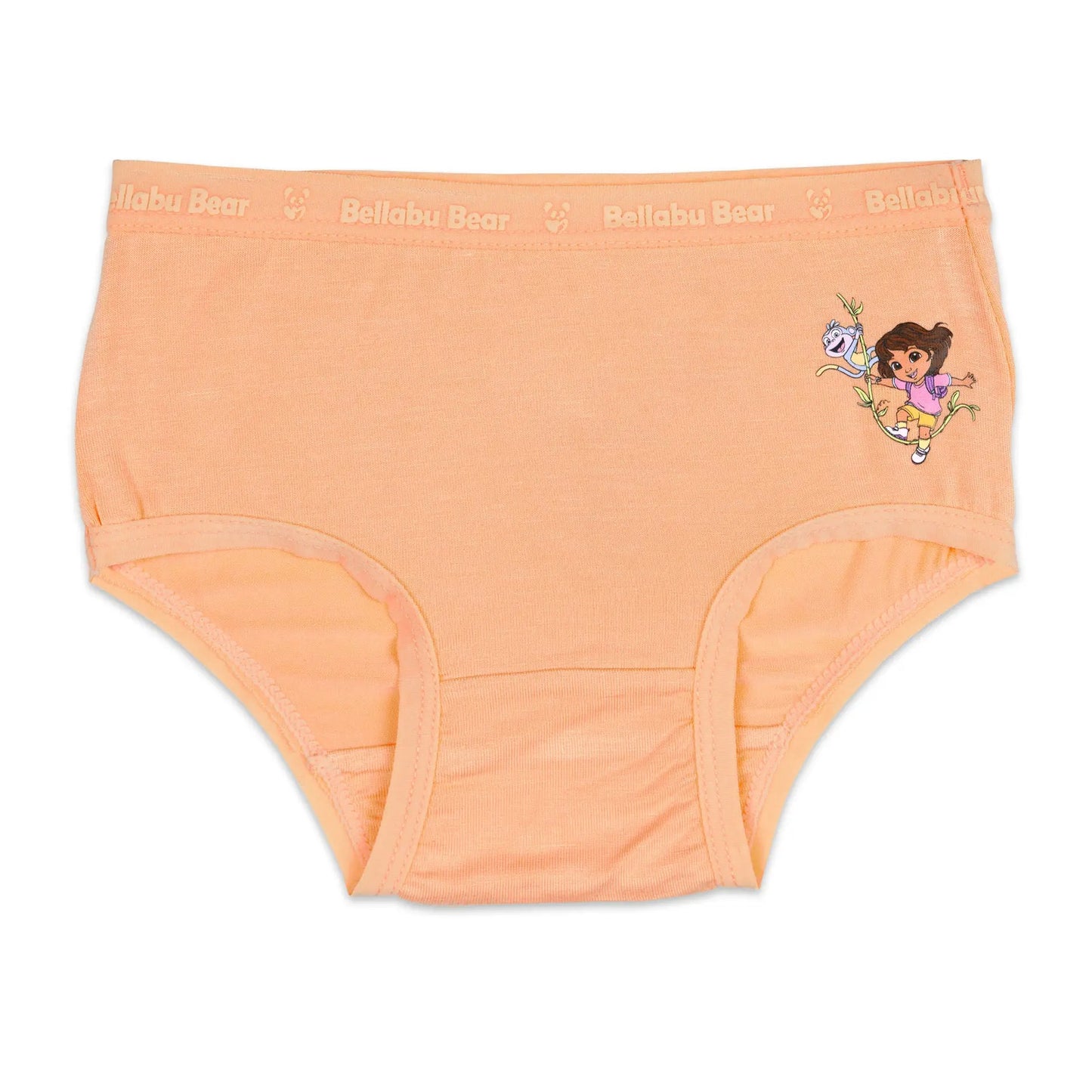 Bellabu Bear Girl's Bamboo Underwear Dora The Explorer peach pair with logo waistband and Dora climbing a vine.