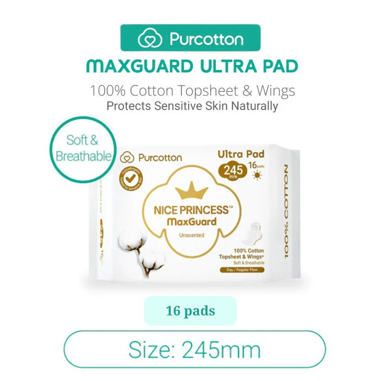 Purcotton MaxGuard Panty Liner 245mm, 16 pads, soft & breathable cotton topsheet & wings on white box.