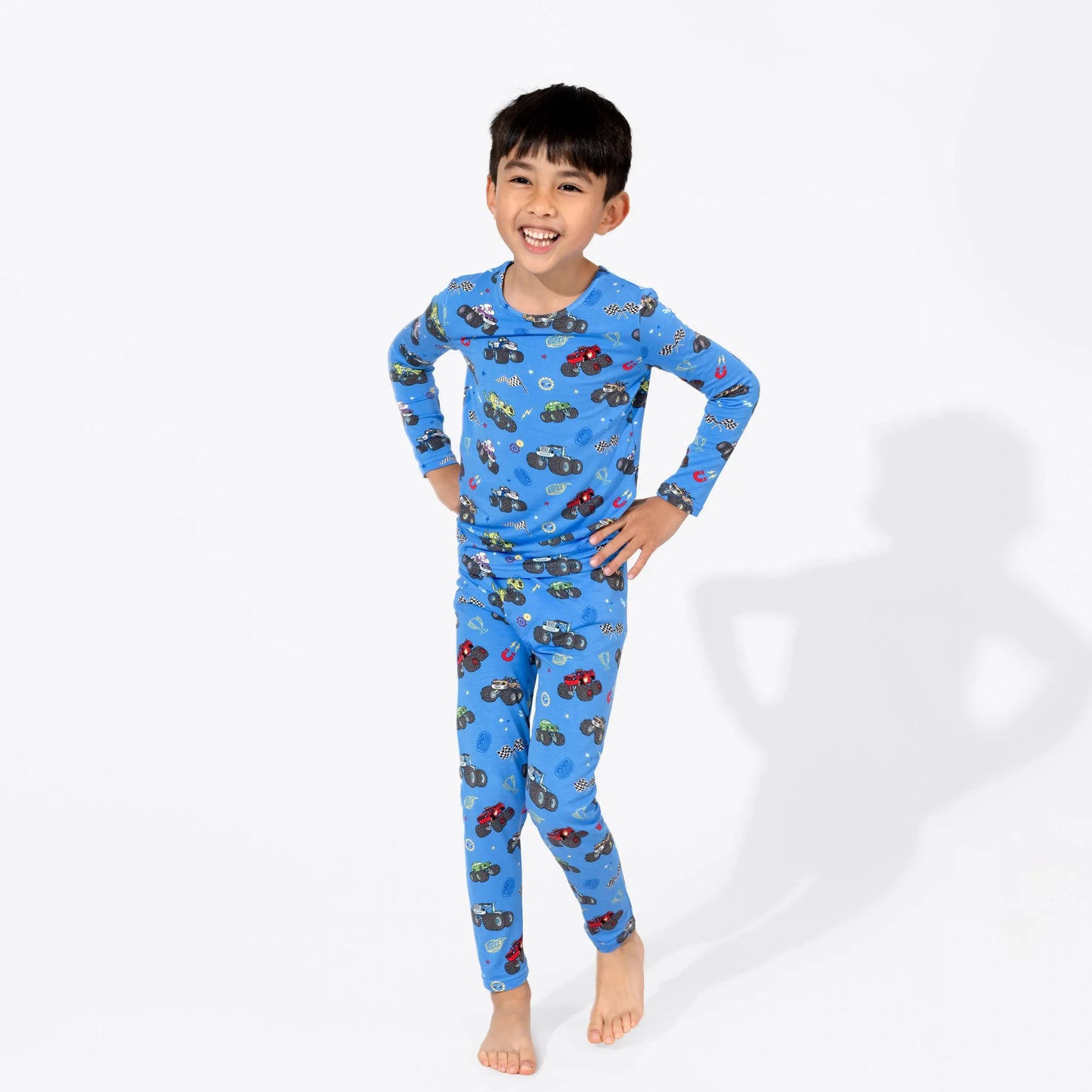 Bellabu Bear Bamboo Kids Pajamas Blaze and the Monster Machines, blue long-sleeve set worn by a smiling boy.