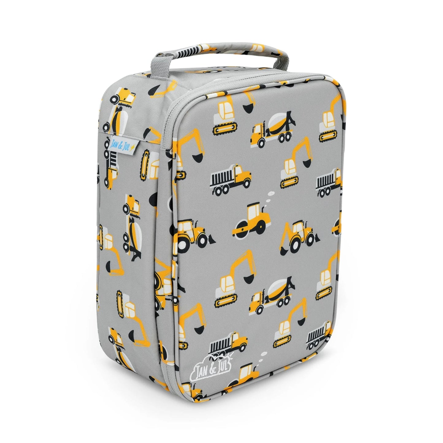 kids lunch bag grey construction vehicle pattern
