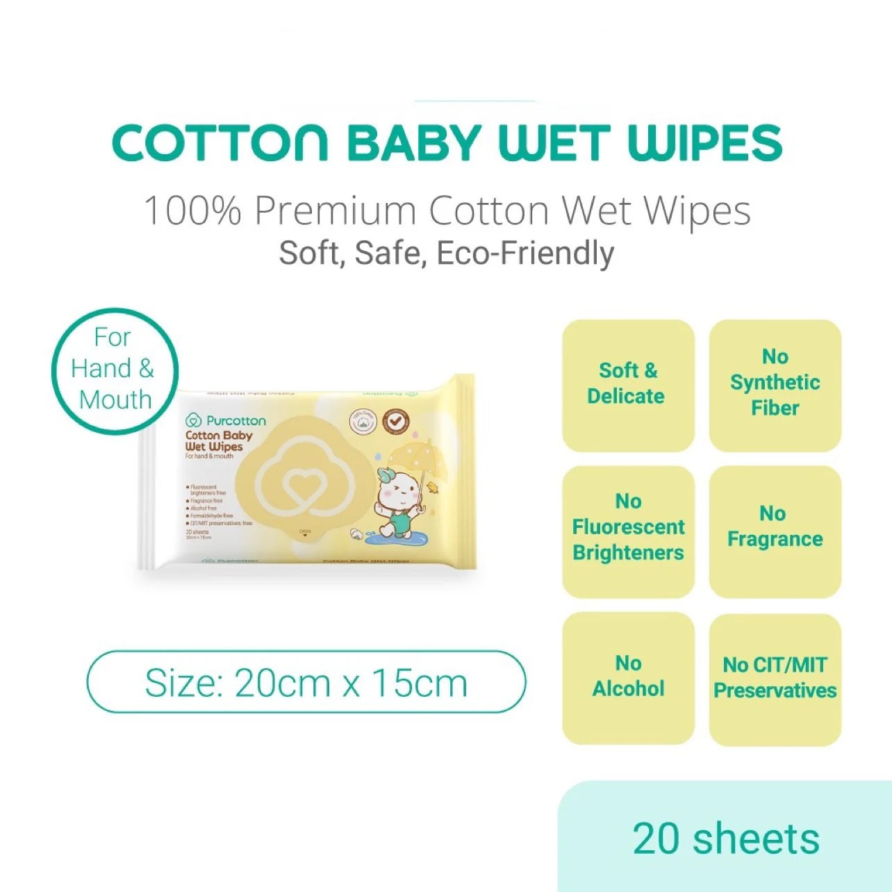 Purcotton Cotton Baby Wet Wipes 20 Sheets, soft cotton pulled from package for hand and mouth use.