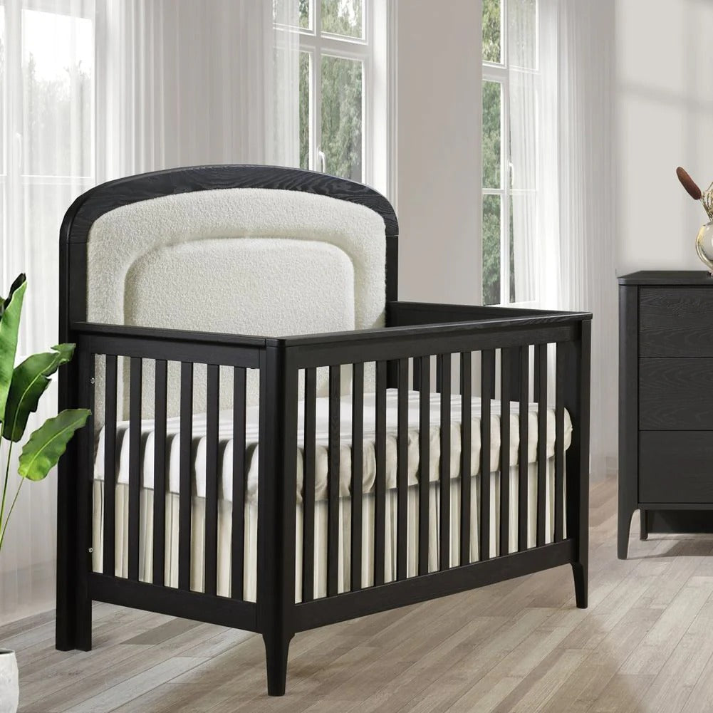 Natart Palo 5-in-1 convertible crib, dark wood, upholstered panel