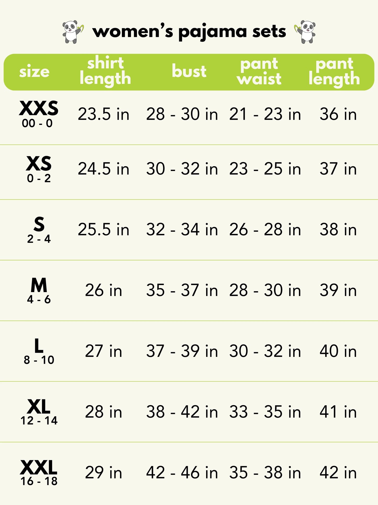 Bellabu Bear Bamboo Women's Pajama Set Tea Party size chart with XS–XXL ranges and measurements beside panda icons.