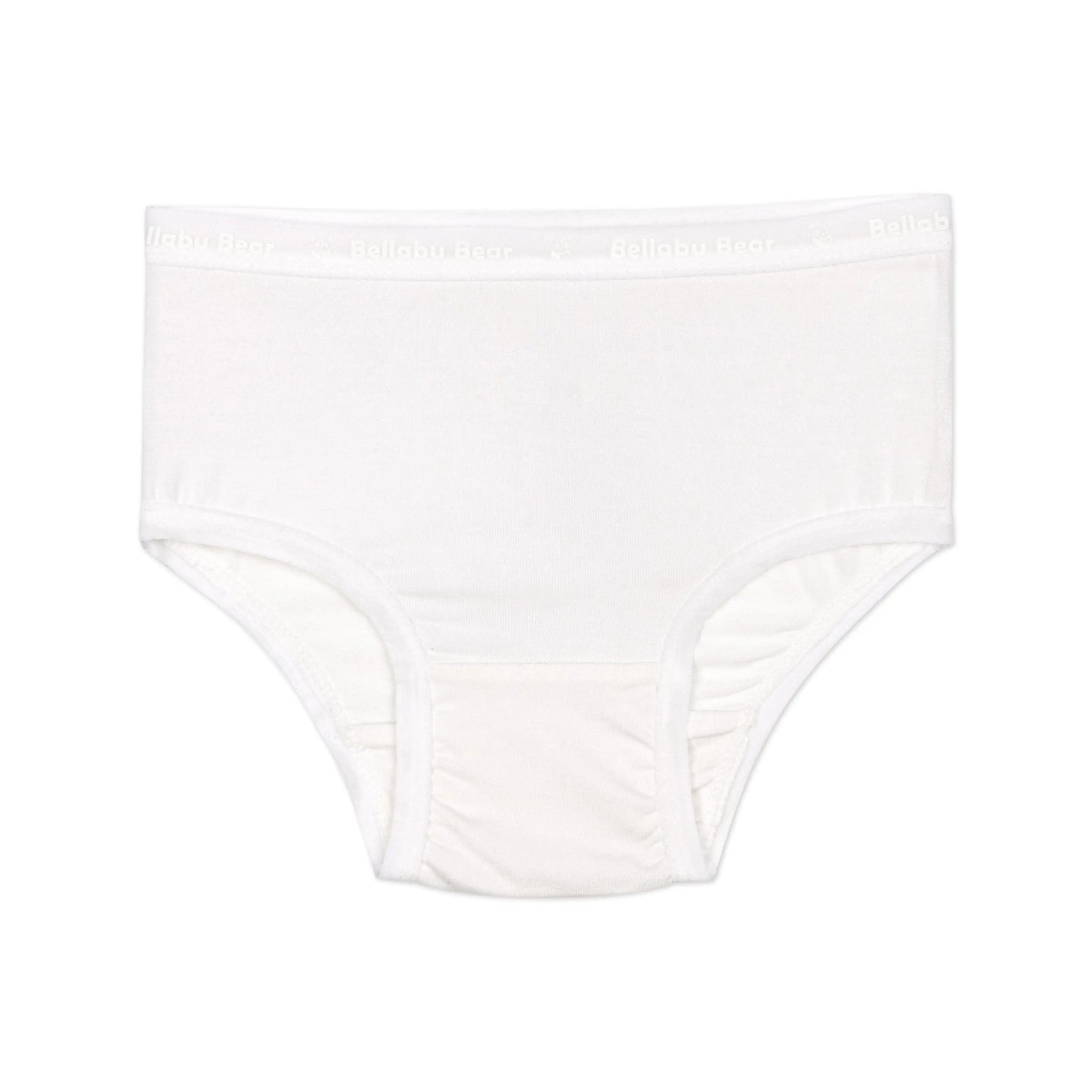 Bellabu Bear Girls' Bamboo Underwear 7-Pack Springtime, white, soft fabric with logo waistband laid flat.