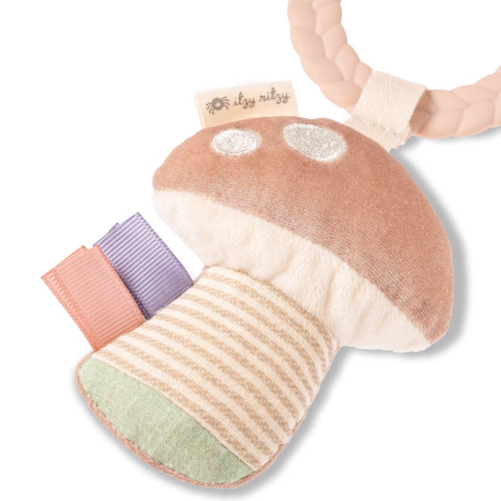 Itzy Ritzy Bitzy Busy Ring teething toy, pink plush mushroom with striped base