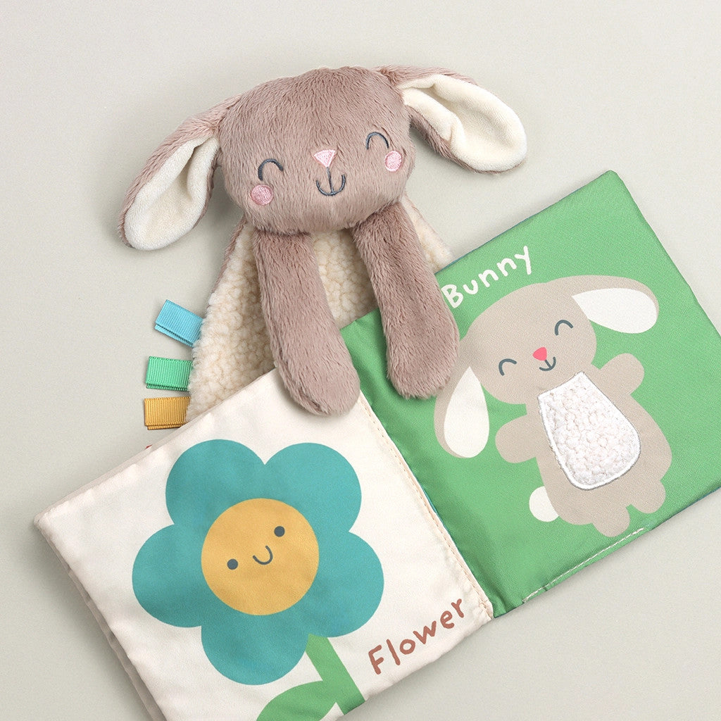 Itzy Ritzy learn and snuggle gift set brown plush bunny with fabric book