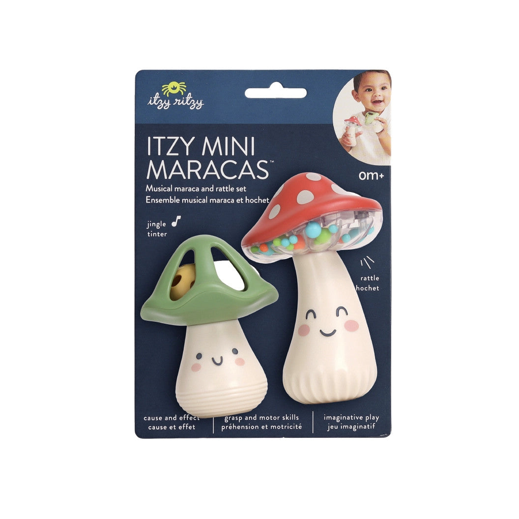 Itzy mini maracas, mushroom shape; red polka-dot and green caps, 2-pack