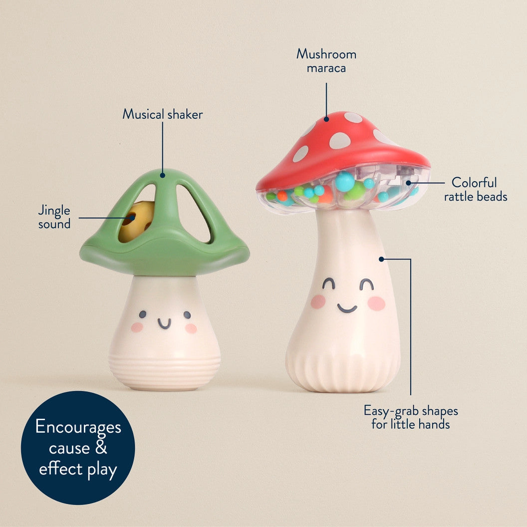 Itzy Ritzy Itzy Mini Maracas pair; mushroom shapes with green cap and red cap