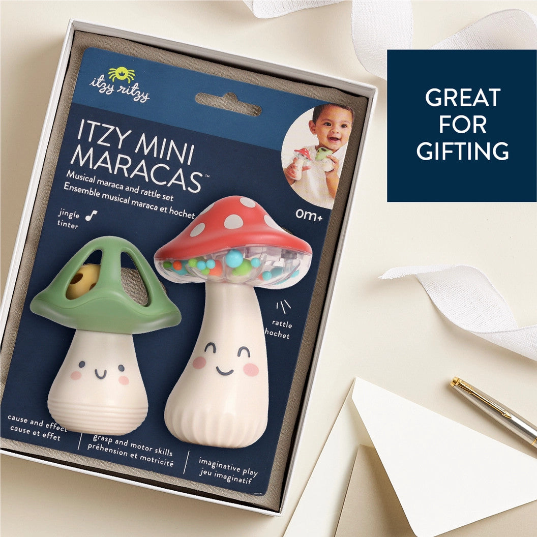 Itzy Ritzy mini maracas set of 2, mushroom shapes in green and red