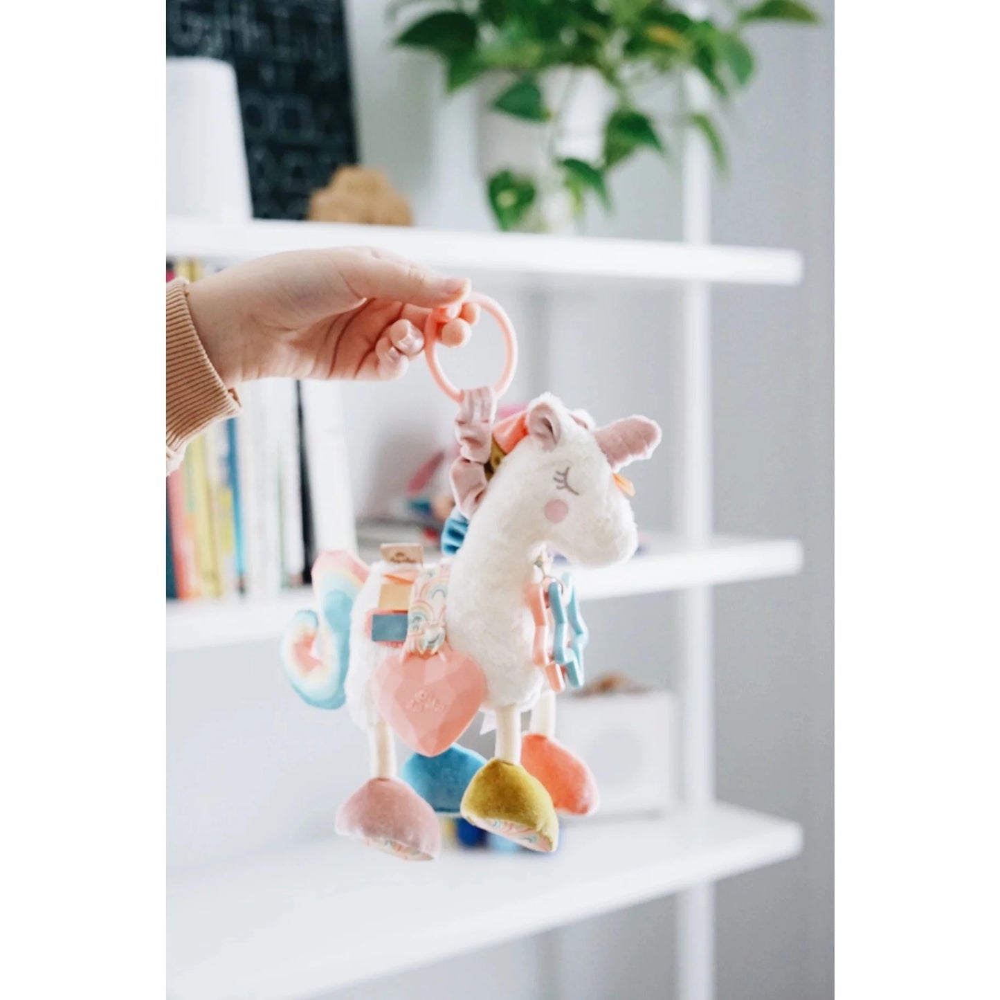 Itzy Ritzy Itzy Friends Link & Love activity plush, pastel unicorn with hearts