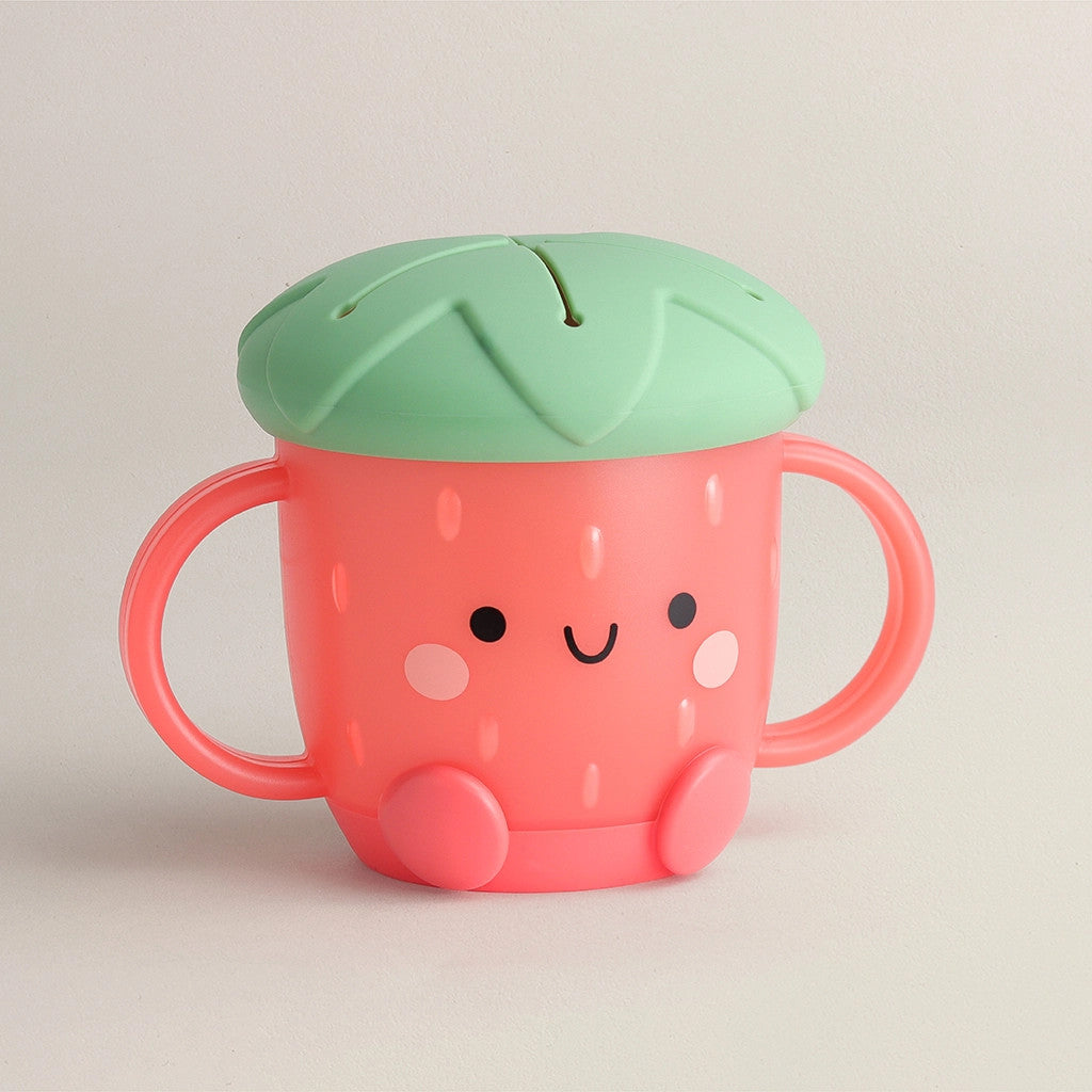 Itzy Ritzy snack cup pink with green leaf lid