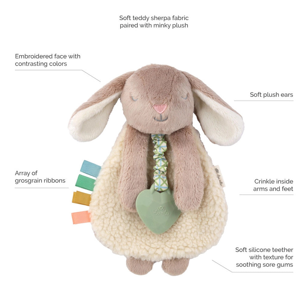 Itzy Ritzy lovey plush bunny teether, taupe and cream sherpa fabric