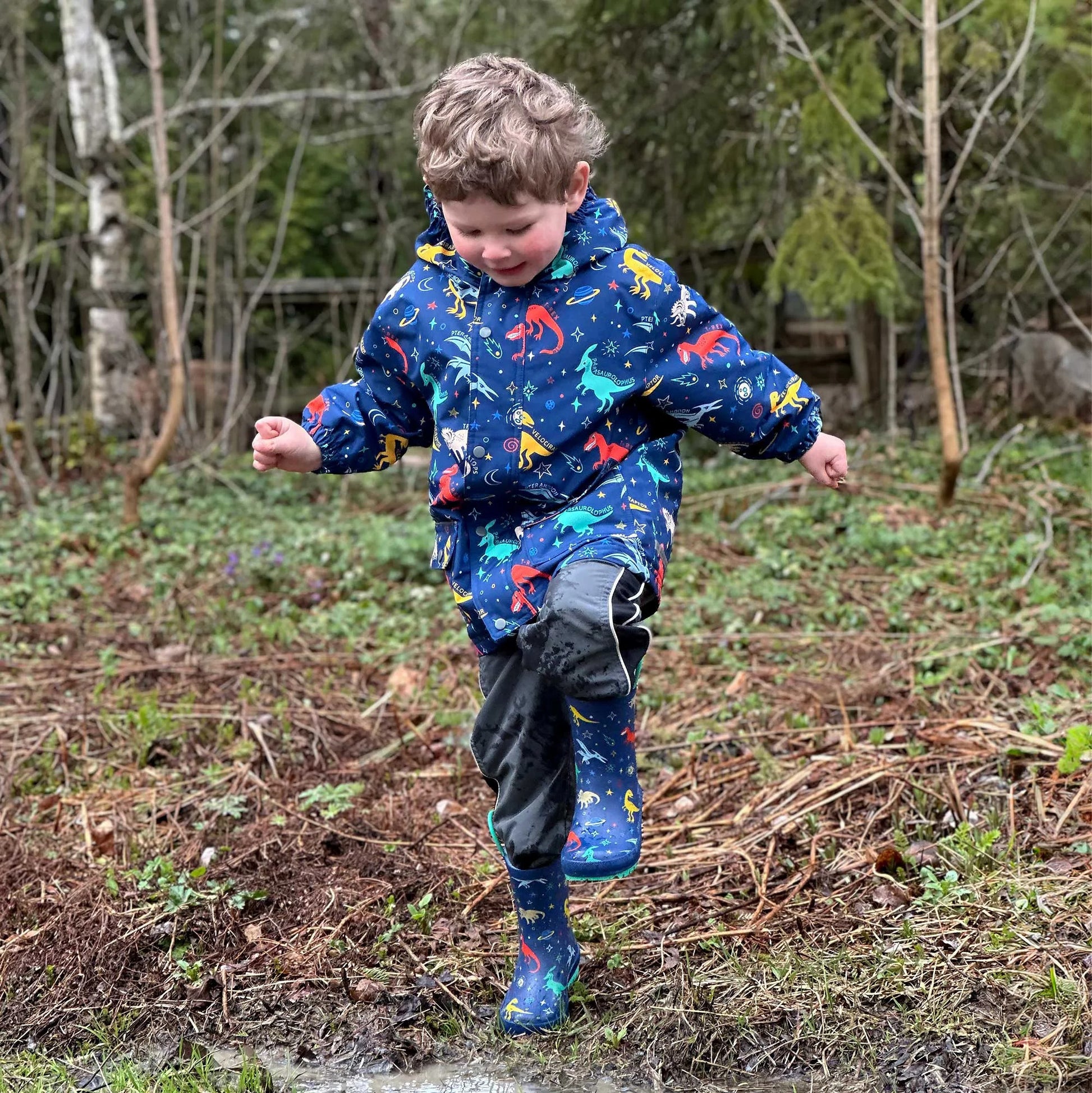 JAN & JUL PUDDLE DRY RAIN BOOTS SPACE DINOS