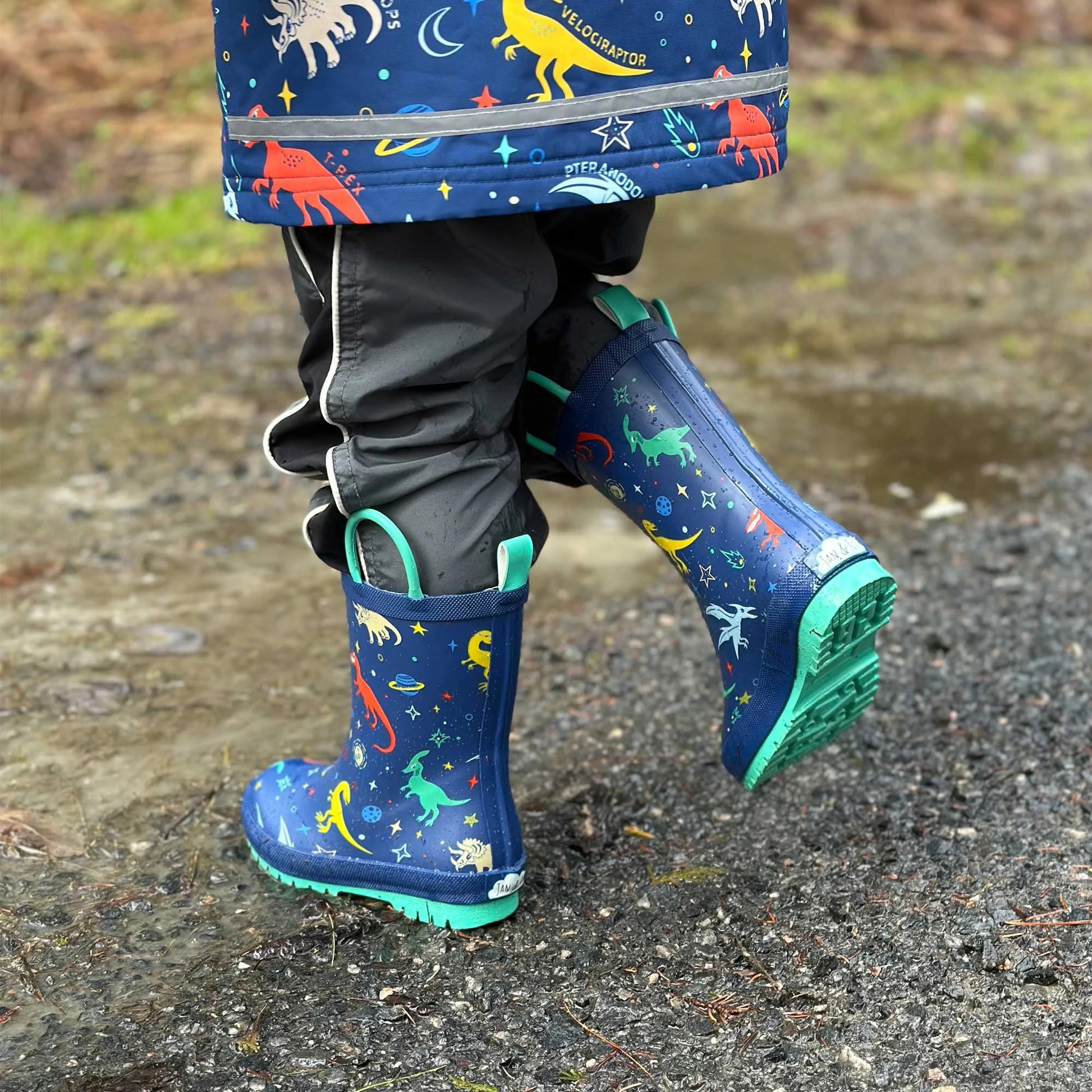 JAN & JUL PUDDLE DRY RAIN BOOTS SPACE DINOS