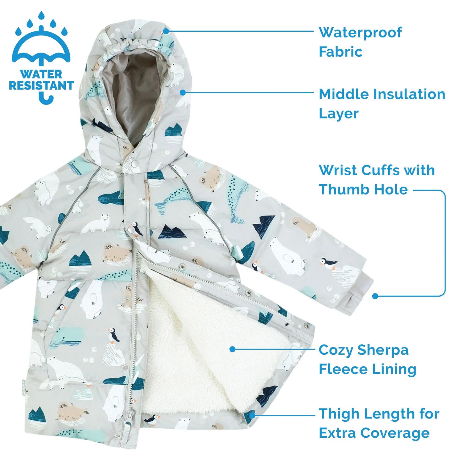 Jan & Jul waterproof winter coat gray polar pals pattern