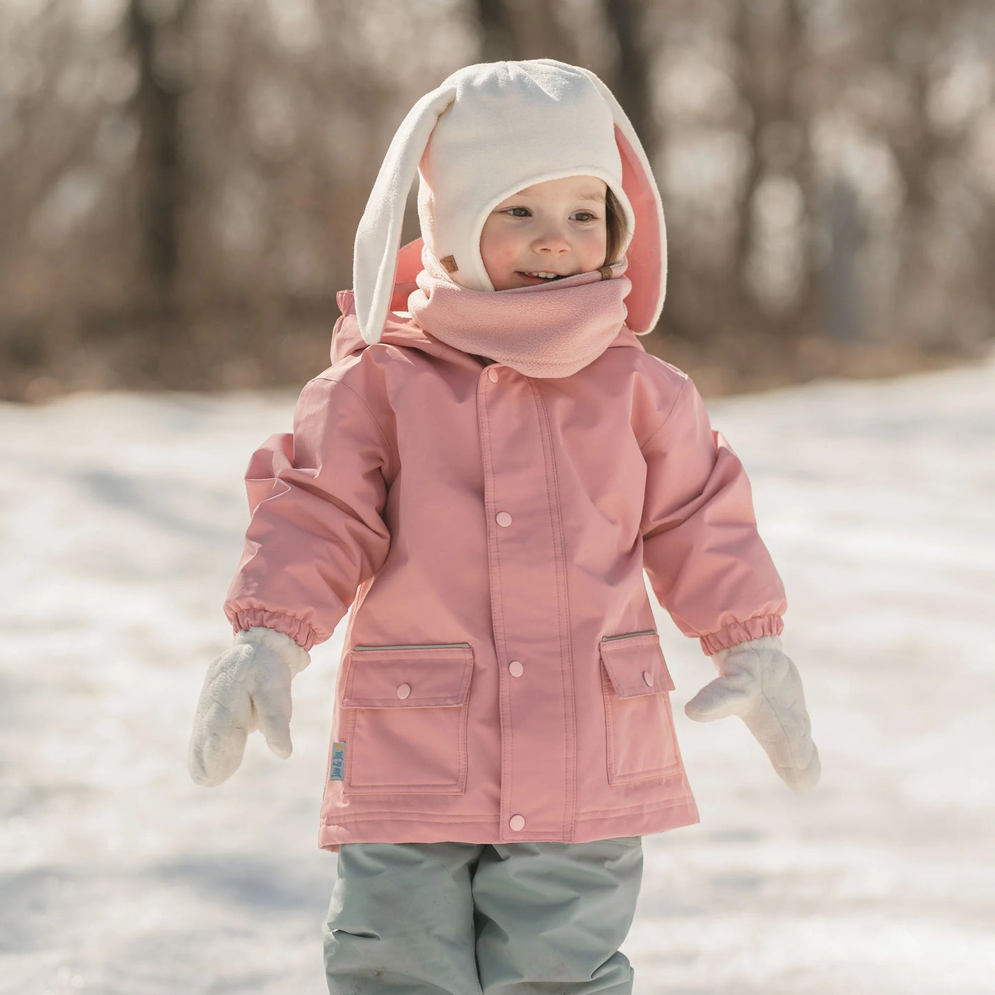 Jan & Jul kids fleece animal cream bunny wearing pink jacket