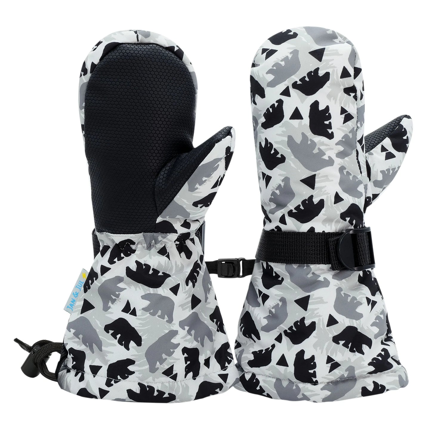 toddler mittens pair bear cub pattern gray and black waterproof