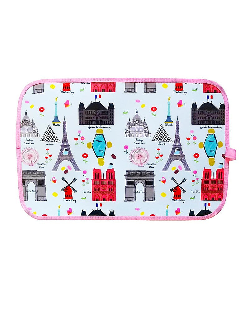 Jaq Jaq Bird Chalk Eating Mat Dino, pink trim, Paris landmark print pattern