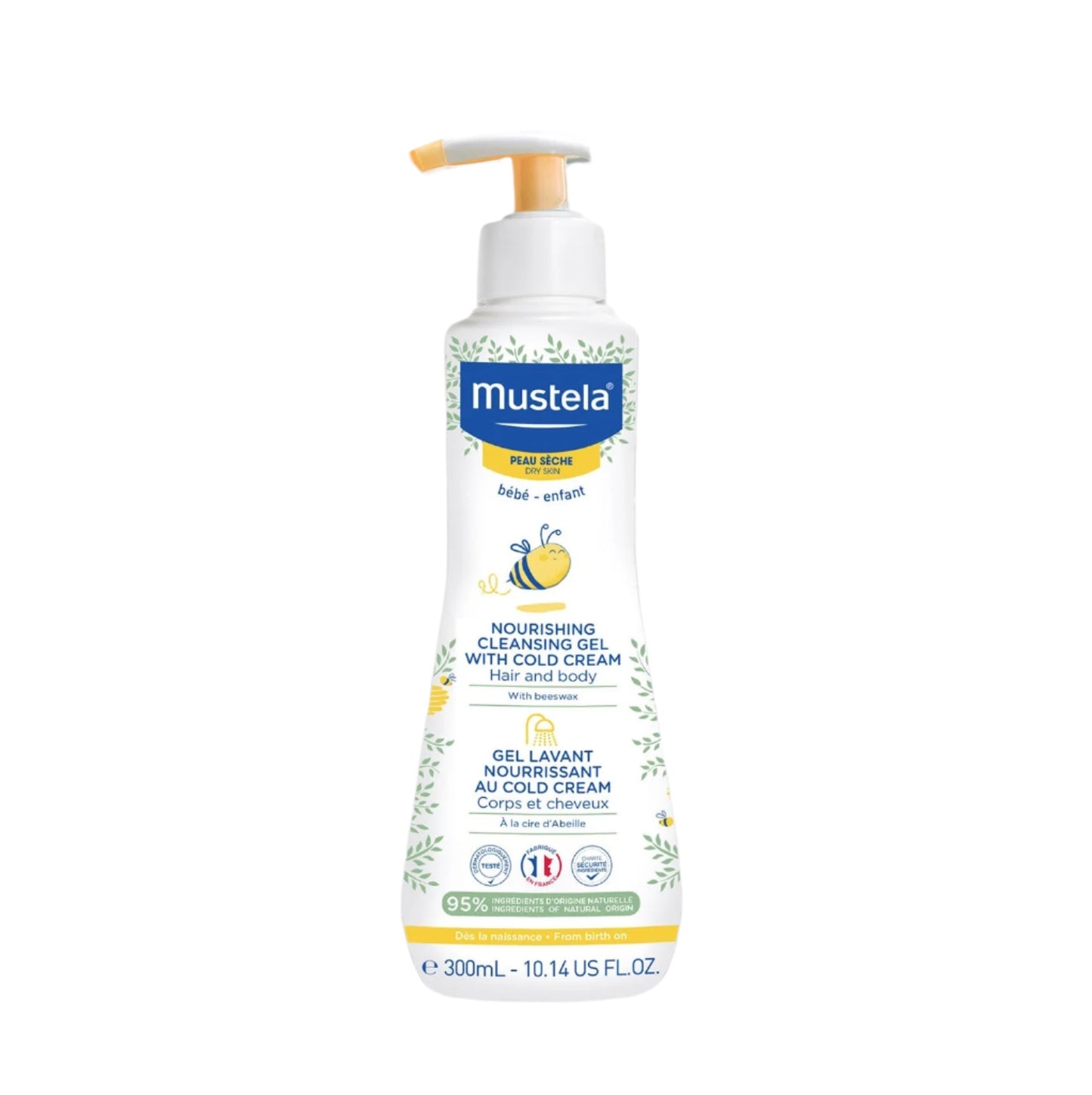 Mustela nourishing cleansing gel with cold cream in white bottle with orange pump