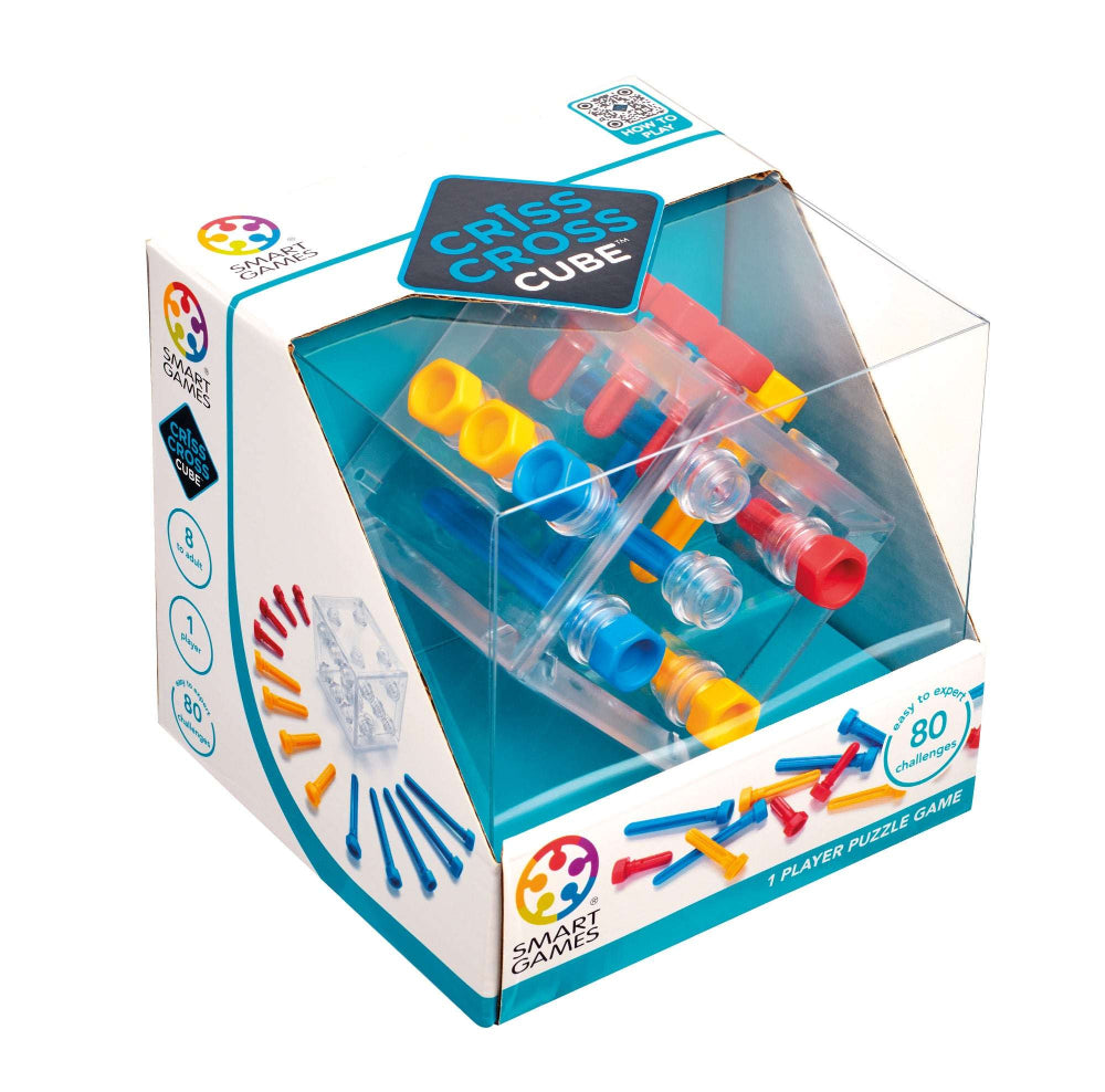 Smart Games Criss Cross Cube puzzle; transparent cube with colorful pegs