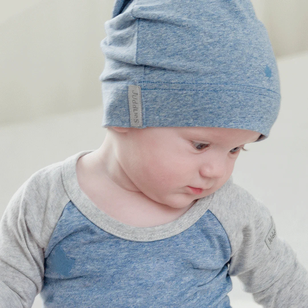 Juddlies baby organic cotton slouchy hats denim blue 2pk