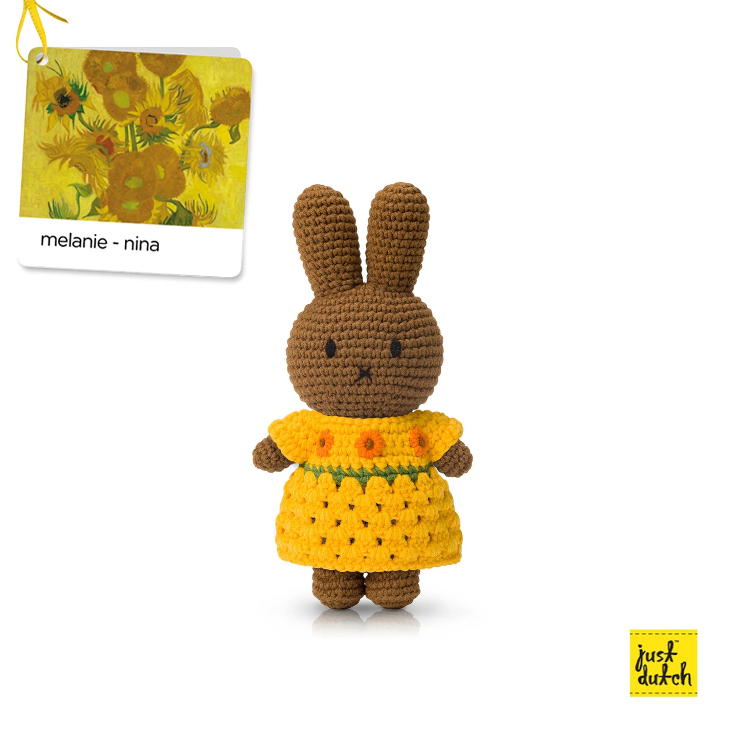 amigurumi bunny crochet toy in a sunflower yellow dress