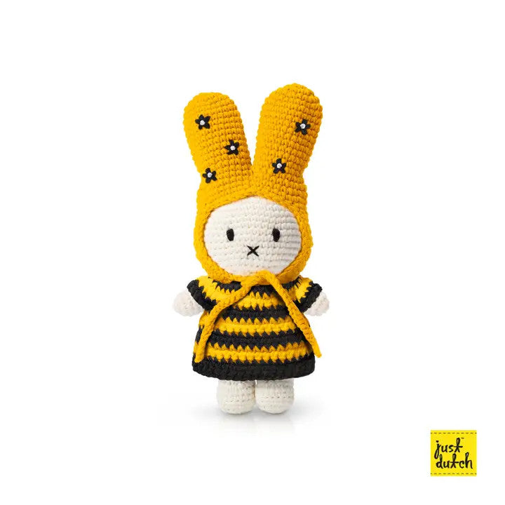 Miffy plush bee dress with yellow and black stripes and flower hat