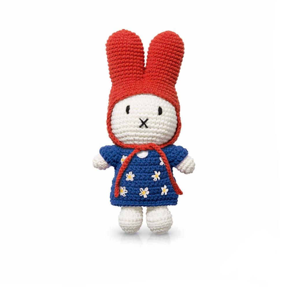 Miffy plush doll in blue flower dress with red hat