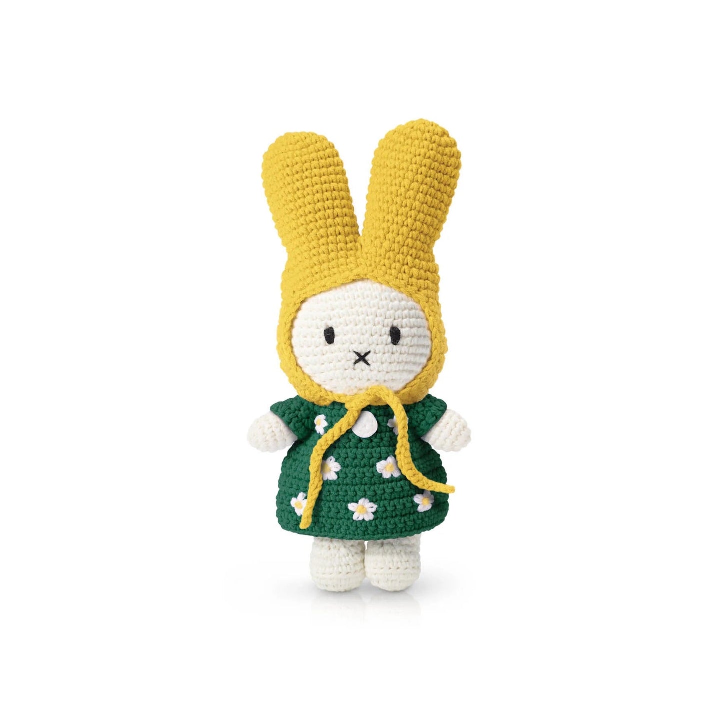 Miffy amigurumi bunny doll in green daisy dress with yellow hat