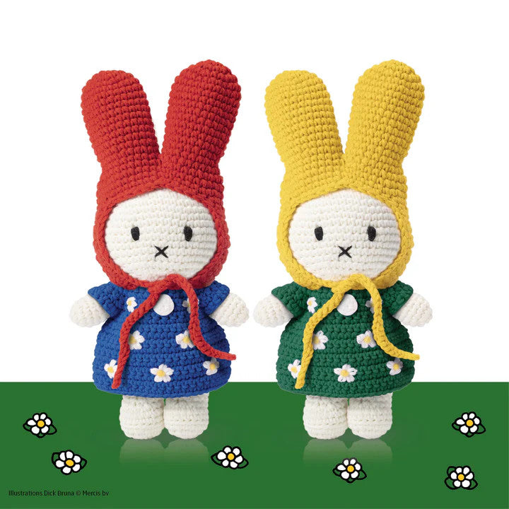 Miffy plush dolls, 2, blue dress with red hat and green dress with yellow hat