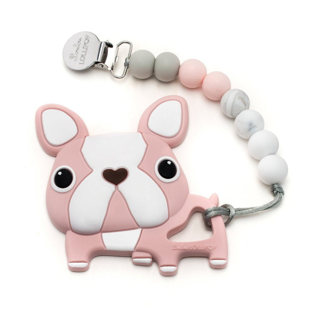 LOULOU LOLLIPOP Pink Boston Terrier Silicone Teether Holder Set - baby enRoute