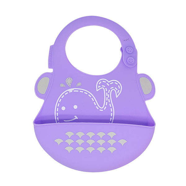 Marcus & Marcus baby bib, purple silicone with whale pattern