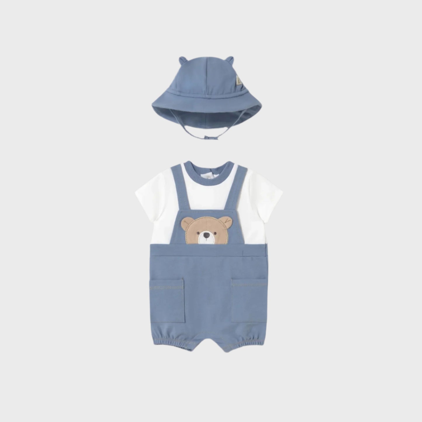 MAYORAL NEWBORN BEAR PRINT SIMULATED DUNGAREE ROMPER WITH HAT RIVIERA - baby enRoute