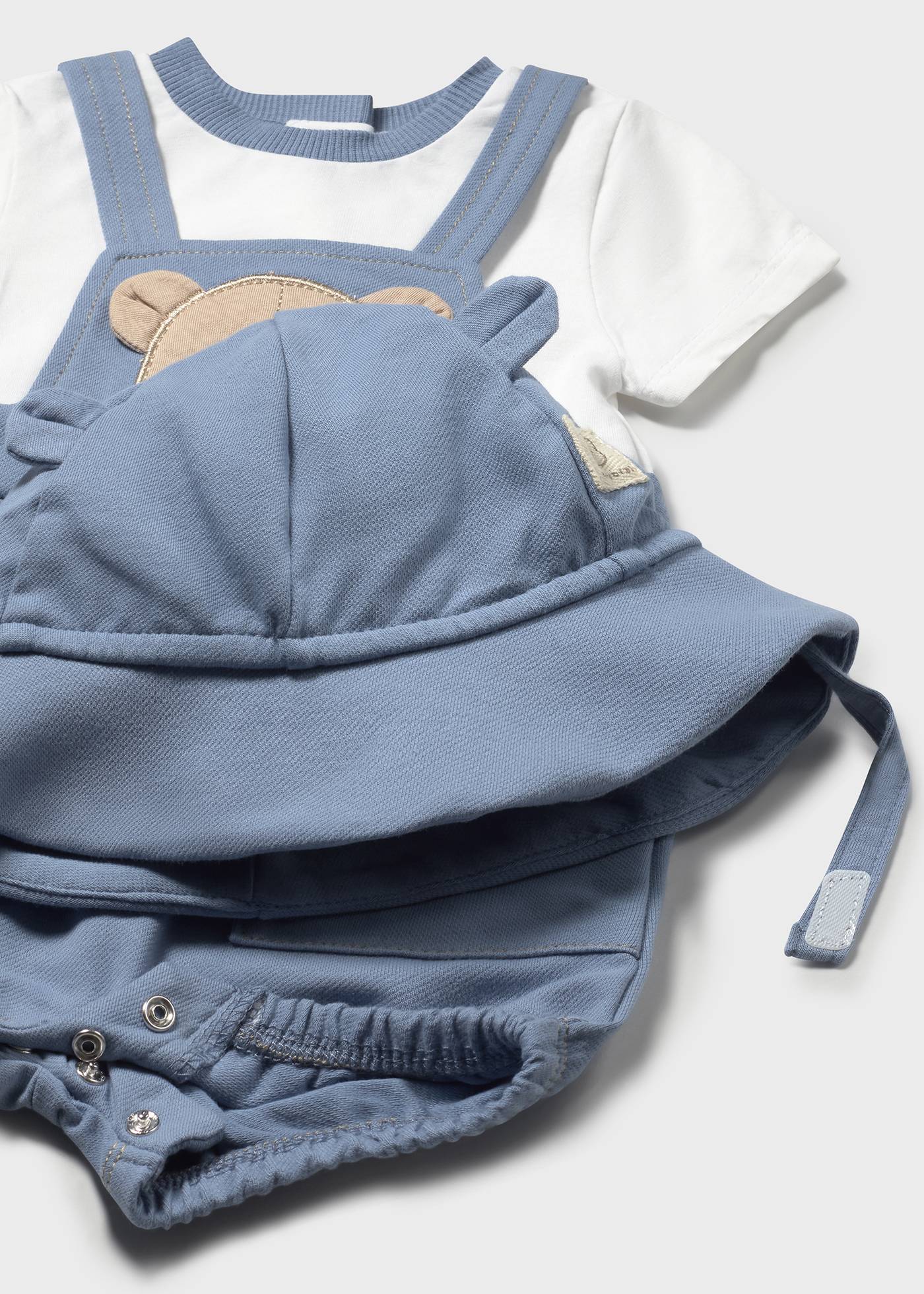 Mayoral Newborn Bear Print Simulated Dungaree Romper With Hat Riviera