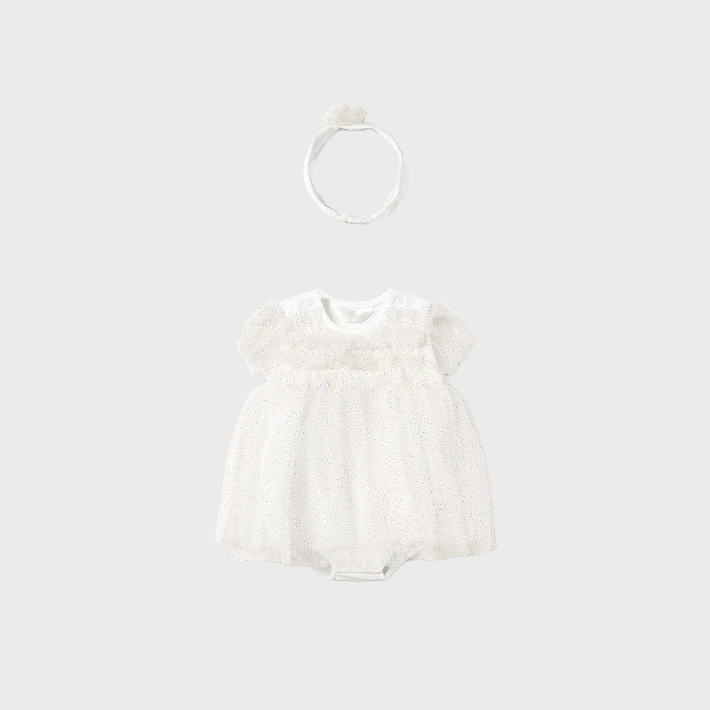 MAYORAL NEWBORN TULLE ROMPER WITH HEADBAND CHAMPAGNE - baby enRoute