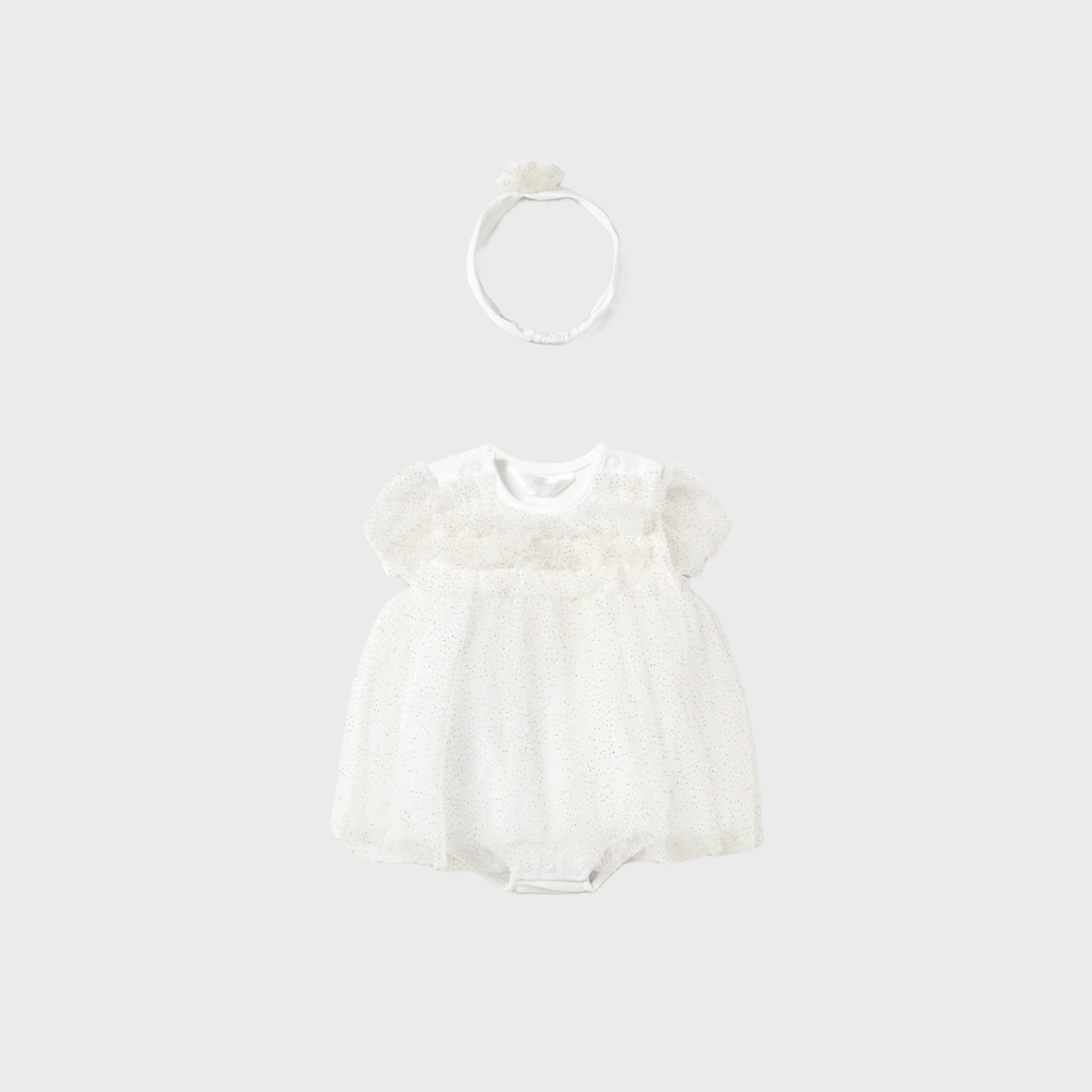MAYORAL NEWBORN TULLE ROMPER WITH HEADBAND CHAMPAGNE