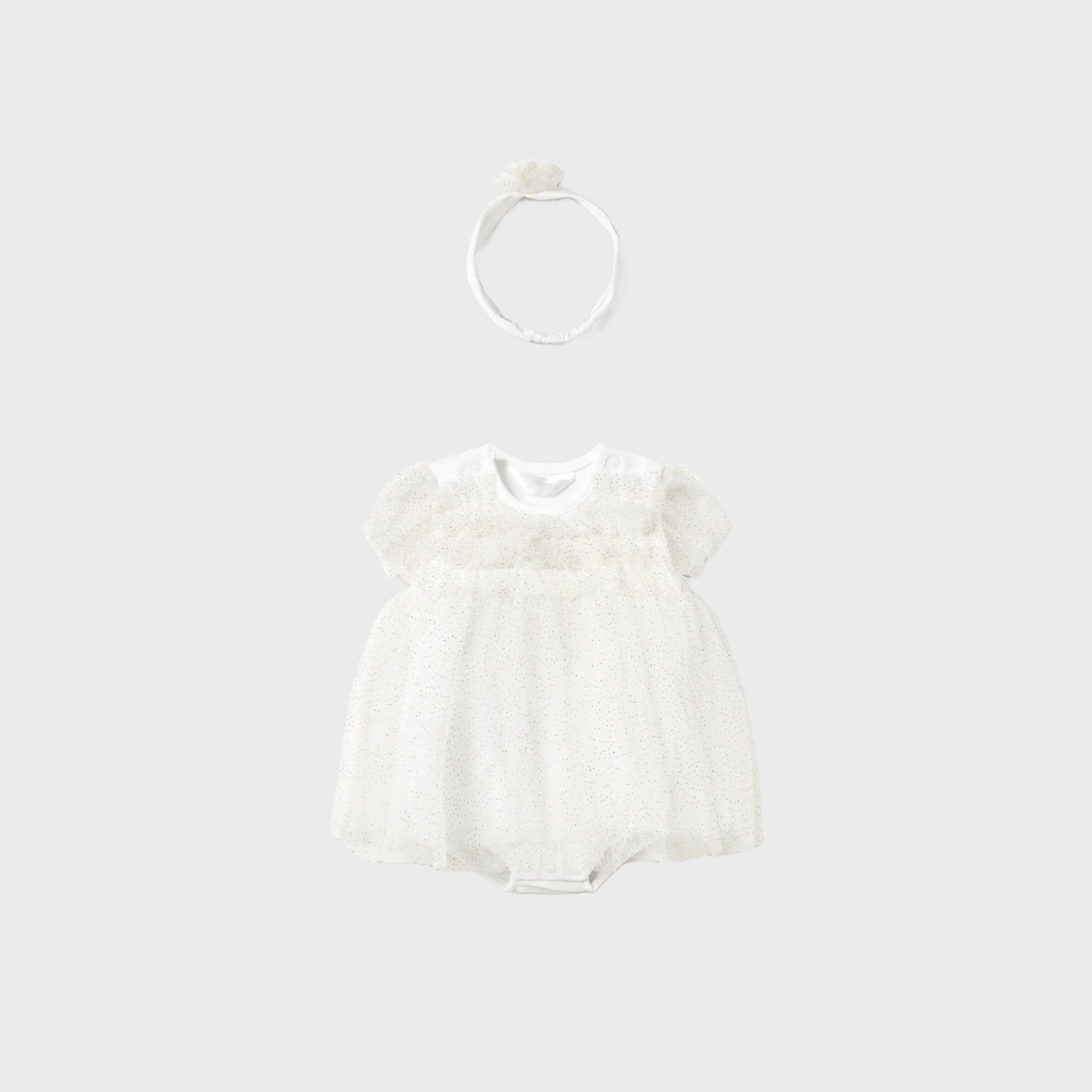 MAYORAL NEWBORN TULLE ROMPER WITH HEADBAND CHAMPAGNE