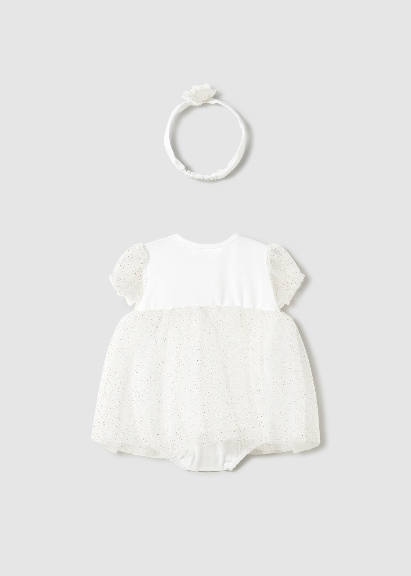 MAYORAL NEWBORN TULLE ROMPER WITH HEADBAND CHAMPAGNE
