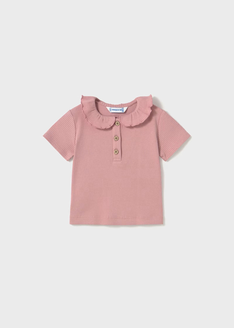 MAYORAL BABY RIBBED POLO WITH RUFFLE COLLAR ROSE - baby enRoute