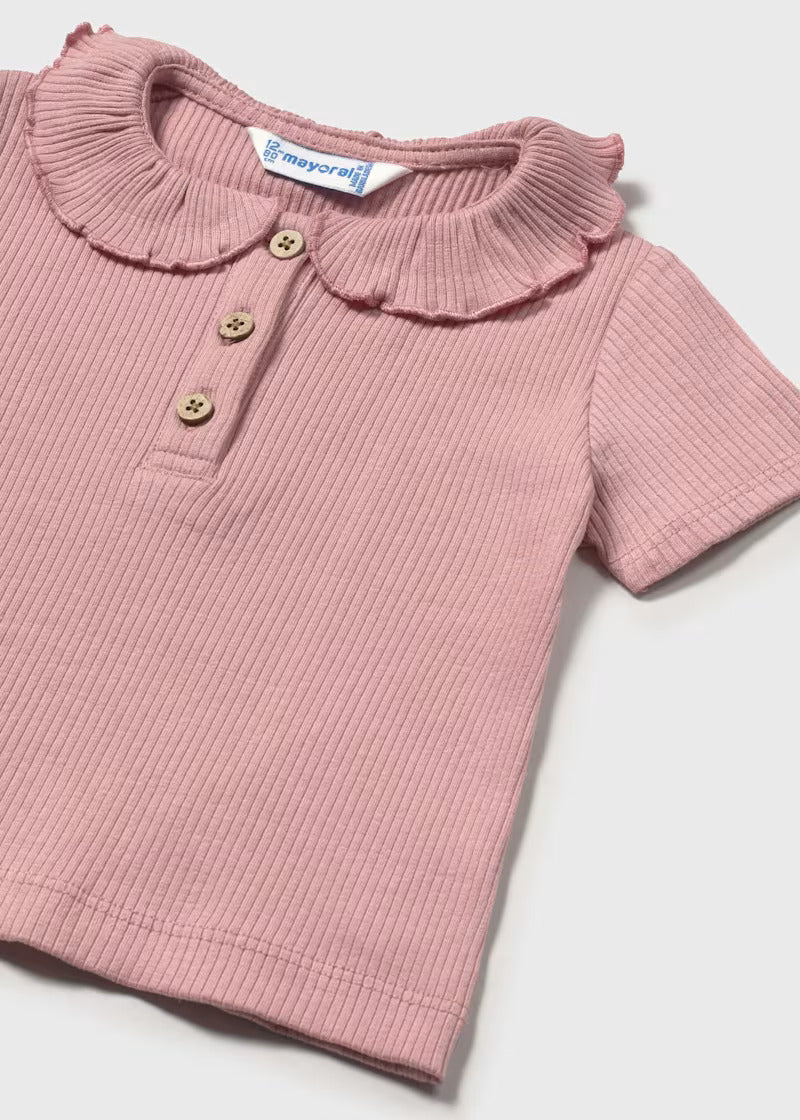 MAYORAL BABY RIBBED POLO WITH RUFFLE COLLAR ROSE - baby enRoute