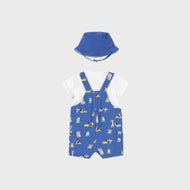 MAYORAL NEWBORN 3-PIECE PRINTED DUNGAREE SET KLEIN BLUE